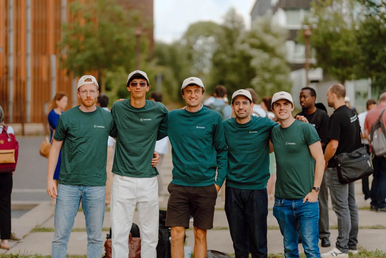 The Koddex team in green Koddex t-shirts on the EuraTechnologies campus after being selected for The Square